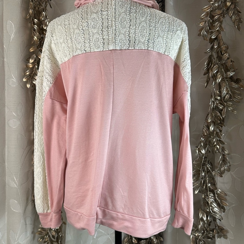 Haptics Lace Hoodie Pink Small Feminine Chic Pullover Boho Crochet Spring Style - Picture 3 of 7